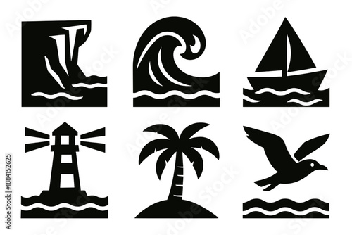 Bold Nautical Icons. Landscape icon set in silhouette bold style. Contain Cliff, Ocean Wave, Boat, Lighthouse, Palm Tree, Seagull