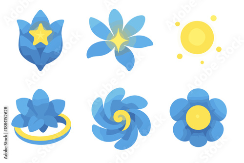 Astral Icon Collection. Astral Flowering set in isometric flat vector : luminous star bud, curved petal ray, bright mote, astral ring, soft bloom swirl, stellar bead