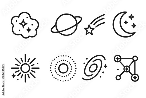 Cosmic Icon Array. Cosmic Wonder set in outline vector style: nebula cloud, orbit ring, shooting star, planetary glow, cosmic dust line, crescent moon, radiant core, star map node