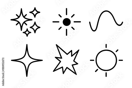 Energetic Icon Patterns. Energetic Forms set in outline vector style : spark cluster, pulsing point, oscillating arc, vivid flare, bright shard, glowing ring