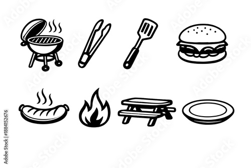 Barbecue Icon Set. Barbecueset in outline vector style grill, tongs, spatula, burger, sausage, flame, picnic table, plate