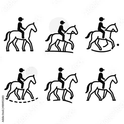 Minimal Horseback Icons. Horseback Minimal Ride set in outline vector style : simple horse curve, soft gradient orb, subtle path dash, muted motion ring, clean arc line, direction dot