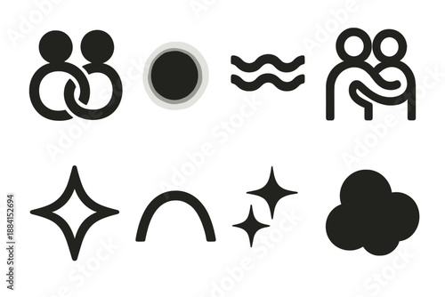 Brutalist Icon Set. Faithful Connection icon set in silhouette bold style. Contain intertwined figures curve, gentle glow bead, soft ripple line, caring contour