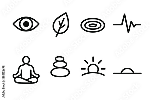 Symbols of Mindfulness. Mindful Presence set in outline vector style: focused eye, grounding leaf, still pond ripple, steady heartbeat line, open posture, balanced stones, clarity beam, horizon arc