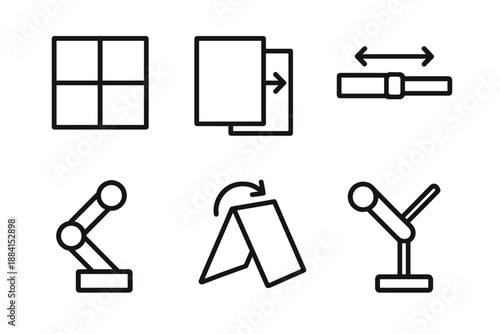 Adaptive Design Icons. Adaptive Design flexibility set in outline vector style: modular block, shifting panel, sliding bar, adjustable arm, foldable shape, pivot joint