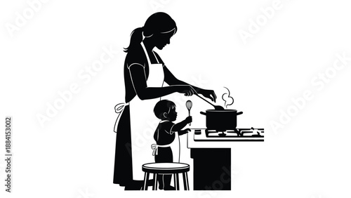 Mother and child cooking together fostering family connection sharing culinary knowledge and creating nourishing meals in Silhouette vector on whit Background