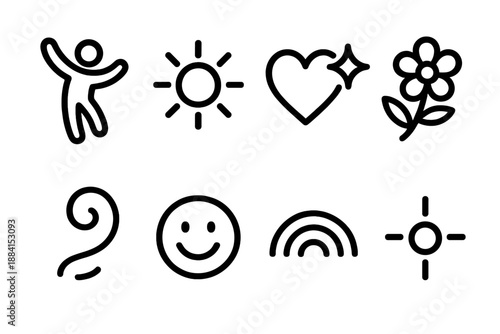 Icons of Joy. Joyful Celebration set in outline vector style: dancing figure, bright sun ray, heart sparkle, flower bloom, uplift swirl, smile symbol, happy arc, glowing dot