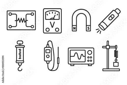 Physics Lab Equipment. Physics Experimental Setup set in outline vector style: circuit board, voltmeter, magnet, laser pointer, spring scale, sensor probe, oscilloscope, experimental rig
