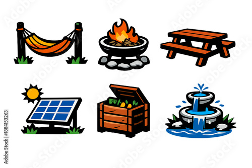Bold Eco Lodge Icons. Eco lodge amenities icon set in silhouette bold style. Contain hammock, fire pit, picnic table, solar panel, compost bin, water feature
