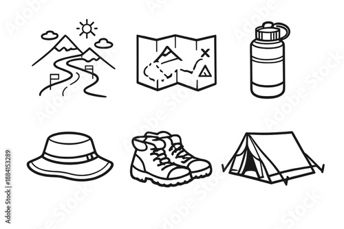 Trekking Essentials Icons. Trekkingset in outline vector style Mountain Path, Map, Water Bottle, Hat, Hiking Boots, Tent