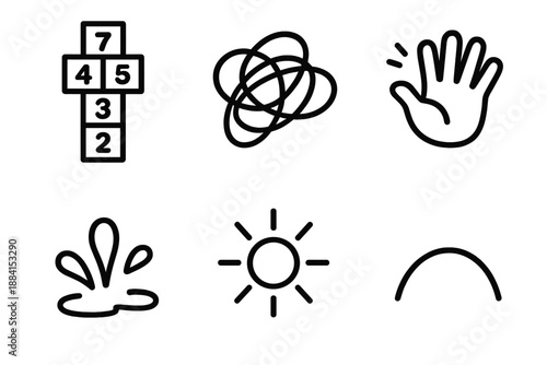 Carefree Icon Doodles. Carefree Moments set in outline vector style : hopscotch mark, playful scribble, waving hand, tiny splash, sunshine ray, jumping arc