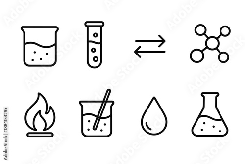 Chemical Icons Collection. Chemical Processes set in outline vector style: beaker with liquid, test tube, reaction arrows, molecular structure, flame icon, stirring rod, chemical drop, lab flask