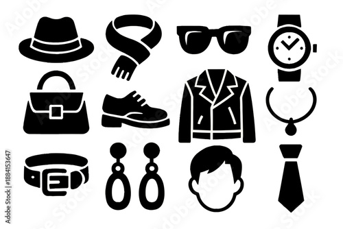 Brutalist Fashion Icons. Personal Style icon set in silhouette bold style. Contain hat, scarf, sunglasses, watch, handbag, shoes, jacket, necklace, belt, earrings, hairstyle, tie