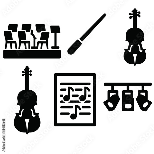 Classical Concert Icons. Classical concert icon set in silhouette bold style. Contain orchestra setup, conductor baton, violin, cello, music sheet, stage lights