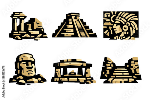 Ancient Civilization Icons. Lost civilizations icon set in silhouette bold style. Contain temple remains, stepped pyramid, carved relief, weathered statue, sacred platform, ancient steps