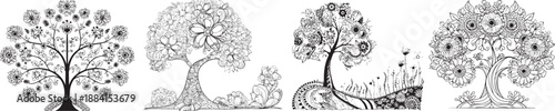 Artistic tree pattern design : A collection of intricate tree illustrations in a stunning artistic display, presenting a variety of styles with their unique shapes and features. 