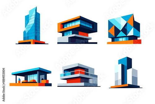 Vibrant Modern Architecture. Modern architecture vector set in modern flat style : glass skyscraper, cantilevered structure, geometric facade, open terrace, minimalist lines, concrete form