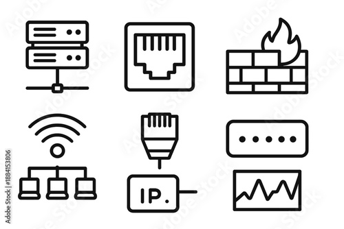 Network Icon Collection. Computer networksset in outline vector style server rack, ethernet port, Wi-Fi icon, firewall block, switch hub, cable connector, IP address tile, traffic graph