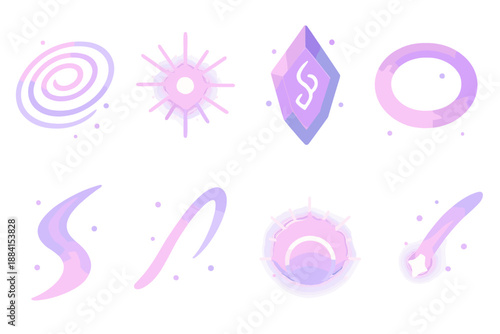 Enchantment Spell Icons. Enchantment Spell Essence set in isometric flat vector : layered charm curve, radiant burst dot, sigil shard, soft pulse ring, ethereal arc, glowing trace