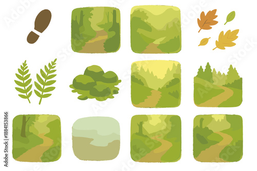 Isometric Forest Icons. Forest Footpath set in isometric flat vector : single file shoe prints, narrow forest path, shadow bands, scattered leaves, fern fronds,