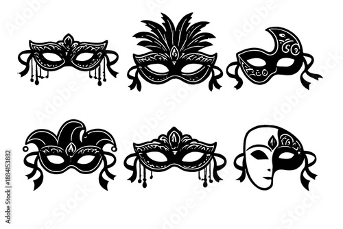 Ornate Masquerade Masks. Masquerade costumesset in outline vector style ornate eye mask, feathered mask, half-face mask, ribbon tie, decorative beads, jewel accent