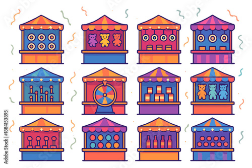 Vibrant Funfair Stalls. Funfair Stalls vector set in modern flat style : game booth outlines, glowing string lights, soft shadow sweep, ambient haze, pastel sky