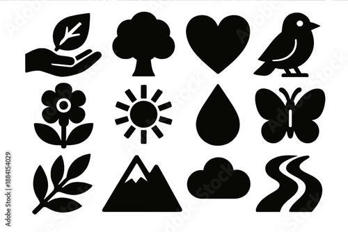 Bold Nature Icons. Trusting Nature icon set in silhouette bold style. Contain hand holding leaf, tree, heart, bird, flower, sun, water droplet, butterfly, branch, mountain, cloud, river