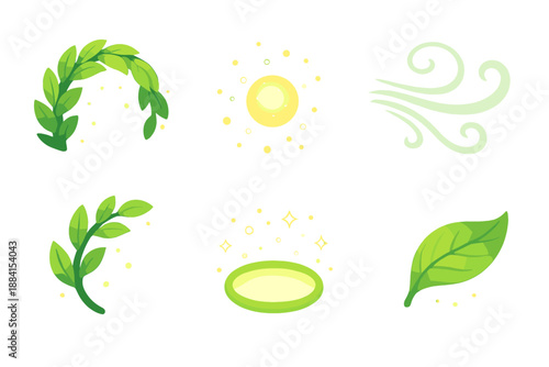 Enchanted Forest Icons. Enchantment Forest Charm set in isometric flat vector : leafy glow arc, drifting pollen mote, soft breeze swirl, natural shimmer dot, enchanted leaf curve, calm light ring