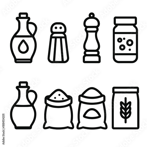 Pantry Essentials Icons. Mealmaking Pantry Essentials set in outline vector style : olive oil bottle, salt shaker, pepper mill, spice jar, vinegar bottle, sugar sack, flour bag, grain container