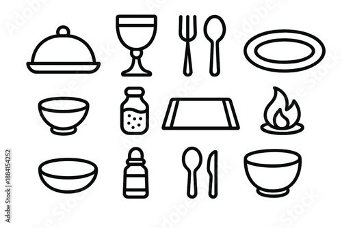 Ceremonial Dining Setup. Sacred Meal set in outline vector style : covered dish, ceremonial cup, utensil set, serving platter, small bowl, spice jar, table mat, ritual flame