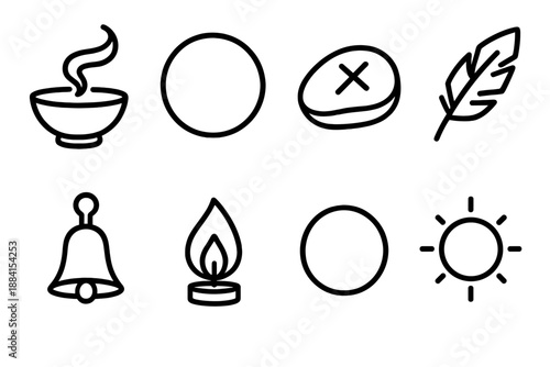 Mystical Ritual Icons. Ritual Spellcraft set in outline vector style: ritual bowl, incense curl, boundary circle, offering stone, symbolic feather, chime bell, guiding flame, energy ring