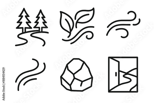 Nature's Escape Path. Route Escape Nature Exit set in outline vector style : winding forest path, leaf drift swirl, dirt trail mark, soft breeze arc, rugged stone, escape line