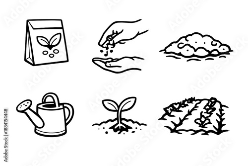 Gardening Icons. Gardening seedsset in outline vector style seed packet, hand sowing seeds, soil bed, watering can, sprouting seedling, garden row