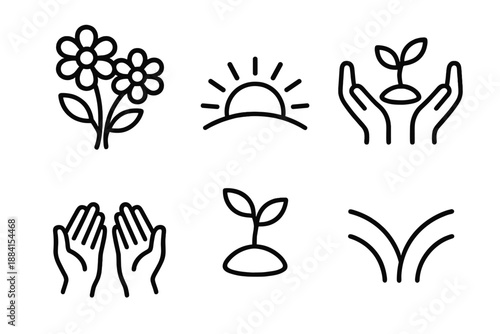 Harmony in Bloom. Relationship Harmony growth set in outline vector style: blooming pair of flowers, branching stems meeting, rising sun duo, nurturing hand pair, shared seedling, upward arcs