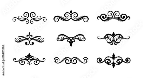 Elegant collection of nine black vintage ornamental dividers and calligraphic flourishes, perfect for decorative design elements and page accents.