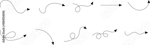 Dotted curve arrows collection. Hand drawn line dash arrows on transparent background