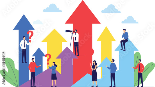 Business growth and development concept with professional team analyzing upward arrows for corporate success financial improvement and strategic planning.