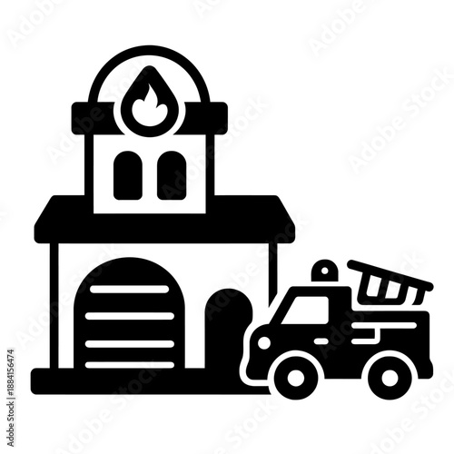 Professional Fire Station Building and Emergency Fire Truck Vehicle Icon Illustration for Public Safety, Rescue, and Firefighting Services Design Projects.