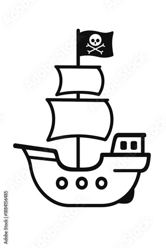 Glowing outline pirate ship vector with Jolly Roger flag. Dark minimalist graphic on black background. Ideal for adventure, nautical, sea themes, and captivating digital art, capturing pirate legends