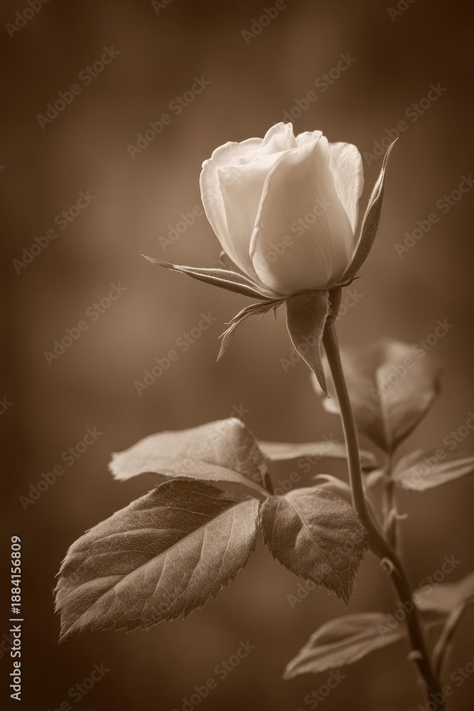 Obraz premium A single rose bud on a stem with leaves in a sepia-toned photograph. Concept Sepia-toned rose, single rose bud, leaves detail, botanical still life, vintage floral