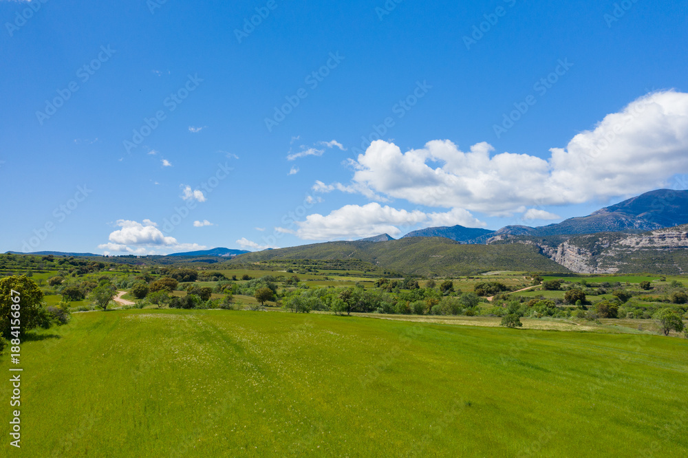 Fototapeta premium Wide green fields stretch toward rugged mountains and rolling hills under a vivid blue sky dotted with fluffy white clouds near Bierge, Spain. The open landscape is bathed in bright sunlight, creating