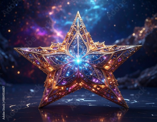 Ornate gold star with intricate filigree detailing against a blurred, colorful cosmic background with mountain silhouettes