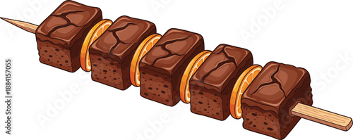 Delicious chocolate brownie cake cubes on a wooden skewer with fresh orange slices isolated on white background for food concept.