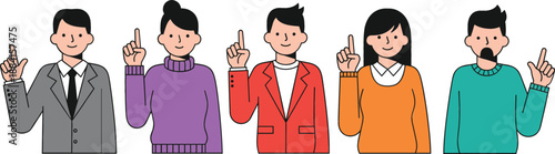Set of diverse people characters pointing fingers up showing number one or sharing an idea for business success and team collaboration in flat vector.