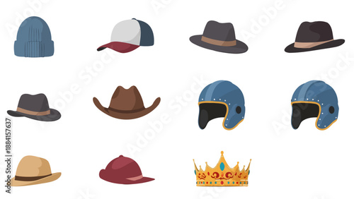 Diverse illustrated headwear collection beanie fedora baseball cap cowboy hat helmet and ornate golden crown.
