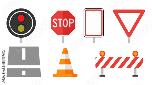 Essential flat design road safety signs including stop yield traffic light cone and barrier.