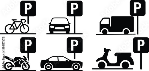 Collection of black and white pictograms illustrating various designated parking area signage icons
