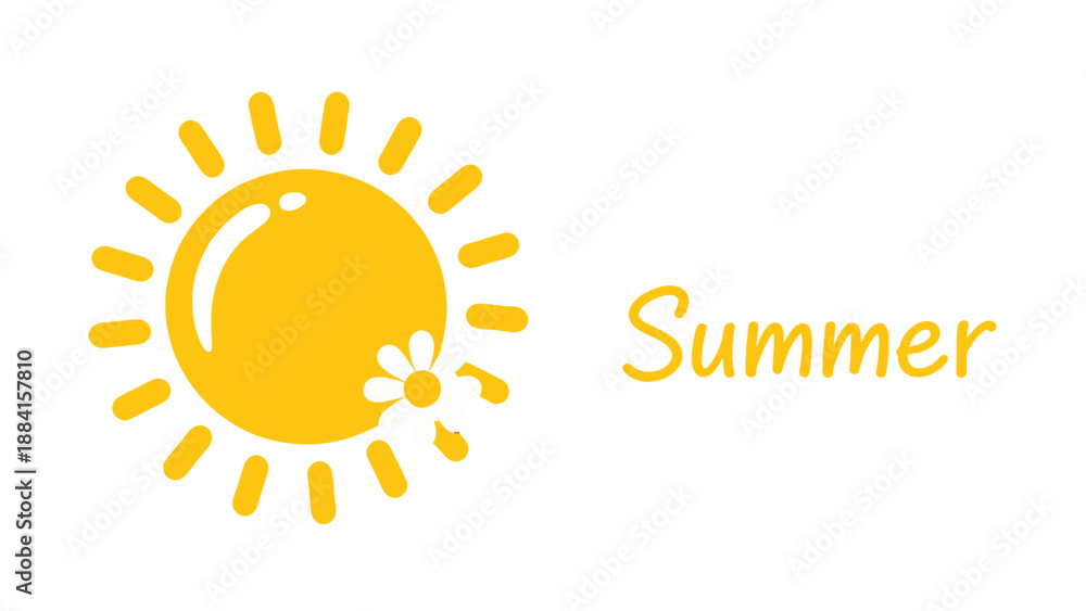 Fototapeta premium Cheerful yellow sun icon with radiating rays and a white daisy next to handwritten Summer text.