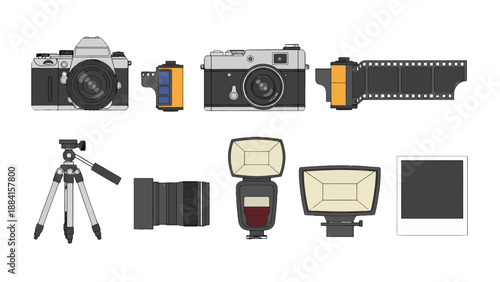 Classic Photography Gear Set Illustration Retro Cameras Film Rolls Tripod Lens Flashes Instant Photo.
