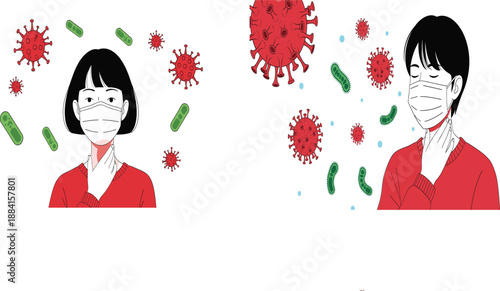 Health protection and hygiene concept with young woman wearing a medical face mask surrounded by virus and bacteria cells for pandemic prevention.